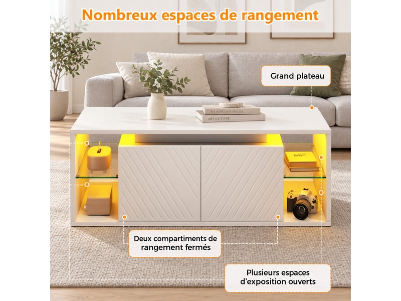  Table basse led 100 x 50 x 41 cm blanche, 2 portes, rangement semi-ouvert, panneaux de particules, charge 30 kg  - Conforama B