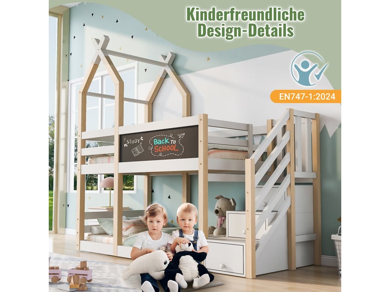  Lit superposé enfant 90x200, lit cabane avec tableau noir et barrière de sécurité, naturel et blanc  - Conforama W