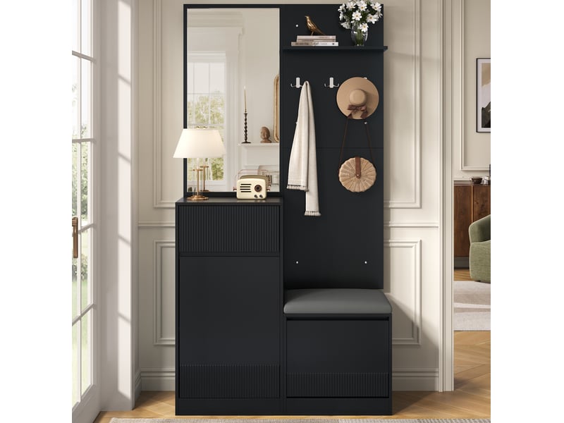  Meubles d'entrée avec miroir, rangement chaussures, assise et éclairage réglable par application, noir 105 × 38 × 190 cm  - Conforama D
