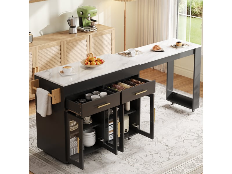  Îlot de cuisine noir avec desserte de cuisine à roulettes, table de bar extensible et portes en verre, 132,5-217x50x93 cm  - Conforama C
