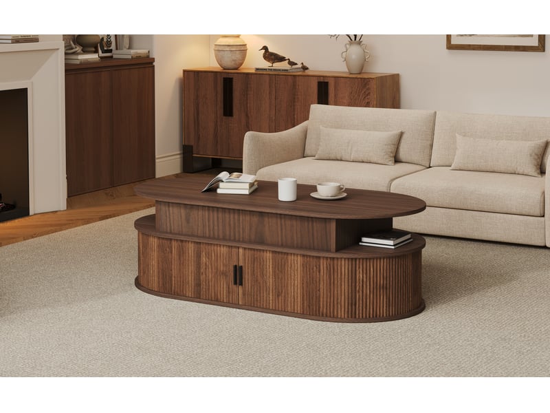  Table basse ovale avec plateau relevable à 55 cm, rangement, portes coulissantes, mdf effet noyer, 100 x 50 x 40 cm  - Conforama D