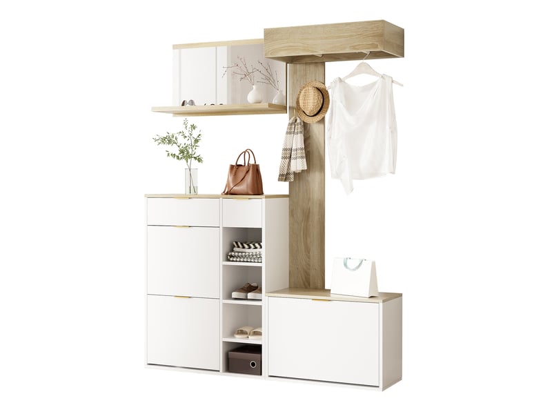  Meubles d'entrée 4 éléments avec meuble à chaussures, banc, miroir et panneau porte-manteaux, 130 × 30 × 174 cm  - Conforama A