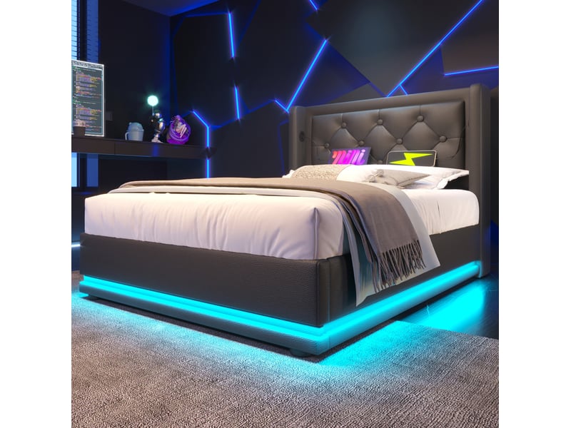  Lit simple coffre hydraulique 90 x 200 cm noir en pu avec led et charge usbtype-c  - Conforama B