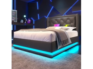 Lit simple coffre hydraulique 90 x 200 cm noir en pu avec led et charge usbtype-c