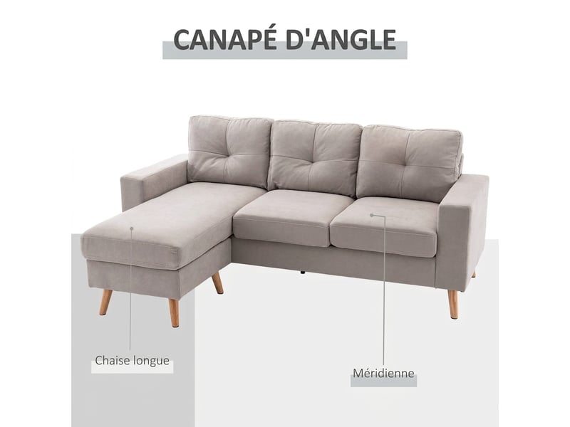 Canapé d'angle réversible 3 places en l 193 x 136 cm - tissu effet lin gris clair - Conforama W
