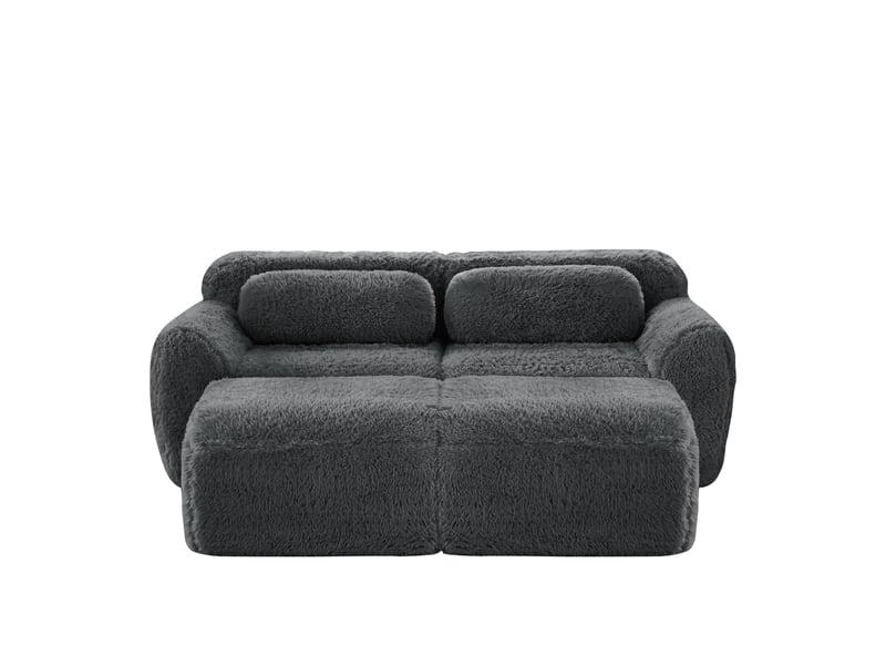  Canapé modulaire 2 places avec fonction couchage, 2 poufs, sans montage, en tissu pelucheux gris, 204 × 179 × 73 cm  - Conforama A