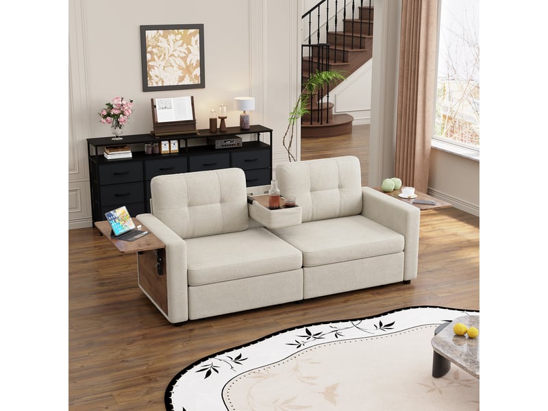  Canapé droit 2 places en chenille 178 x 71 cm avec rangement intégré, tablette rabattable, porte-gobelets et assise réglable - beige  - Conforama B