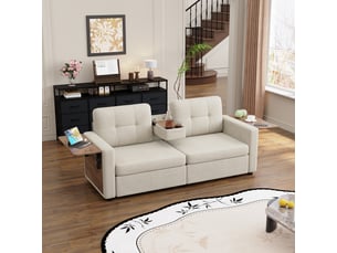 Canapé droit 2 places en chenille 178 x 71 cm avec rangement intégré, tablette rabattable, porte-gobelets et assise réglable - beige