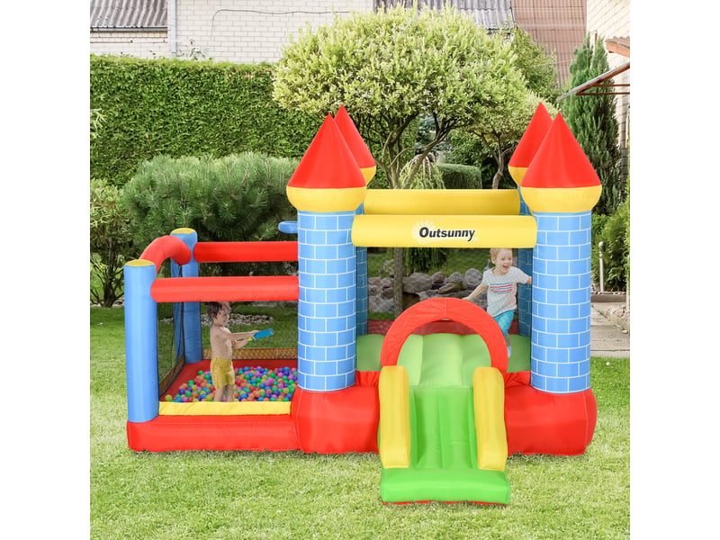  Château gonflable enfants, toboggan, matelas, gonfleur, sac, int.ext., 280x260x210 cm, multicolore.  - Conforama D