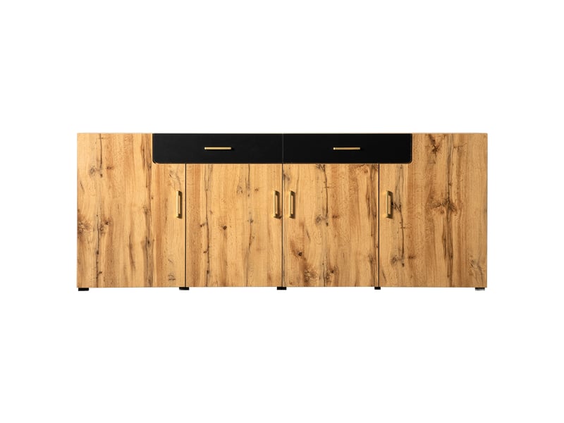  Buffet 4 portes 2 tiroirs, meuble de rangement 208 x 39,5 x 80 cm, finition chêne et noire, étagères intérieures  - Conforama A