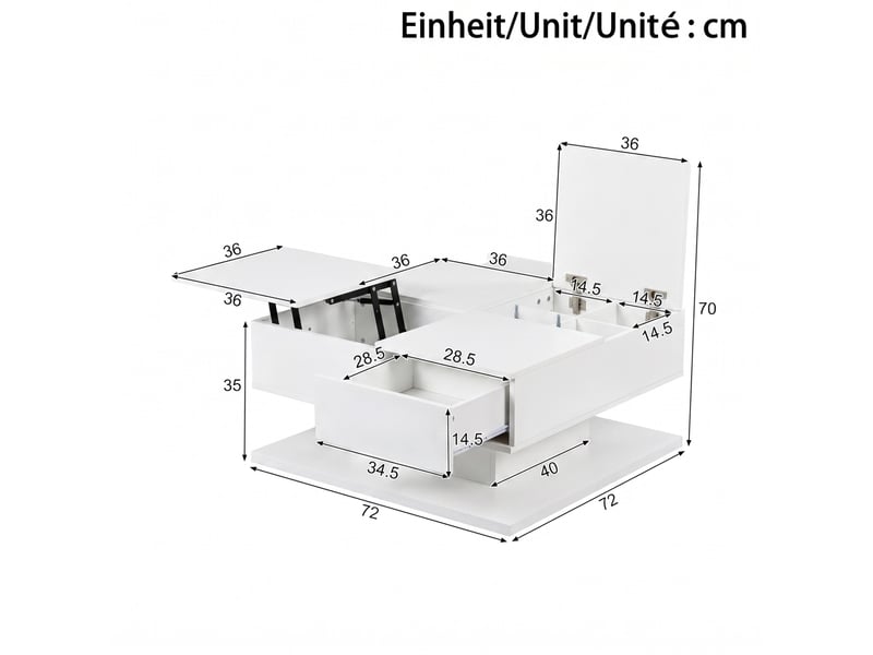  Table basse carré relevable 72x72x35 cm avec rangements finition brillant couleur blanc  - Conforama C