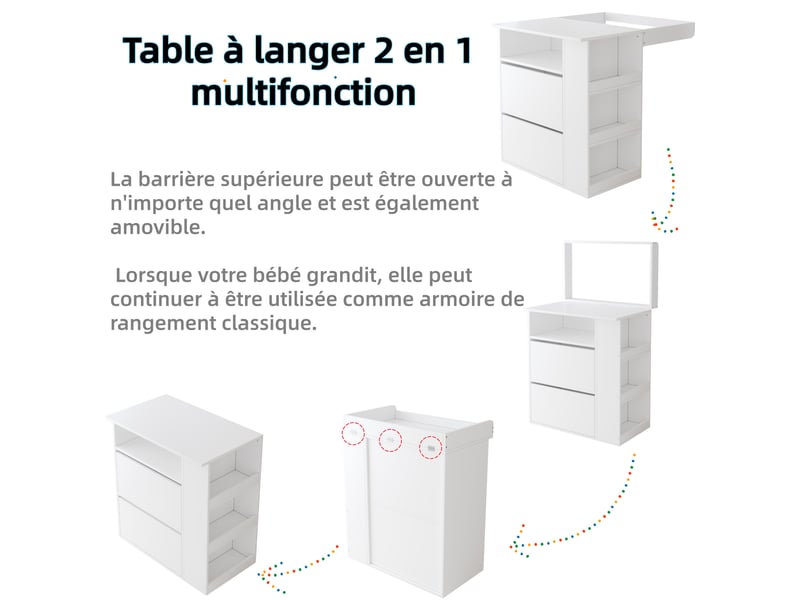  Commode à langer blanche 82 x 50 x 100 cm en mdf, dessus amovible, barrière réglable, 2 tiroirs et niches  - Conforama E