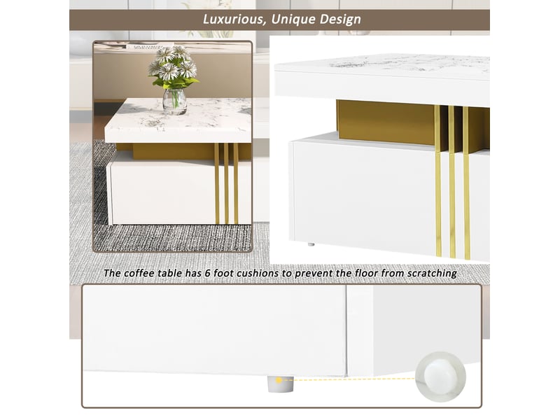  Ensemble meuble tv 200x40x42 cm et table basse 100x50x40 cm, 5 tiroirs, décor marbre, panneaux de particules, blanc  - Conforama E