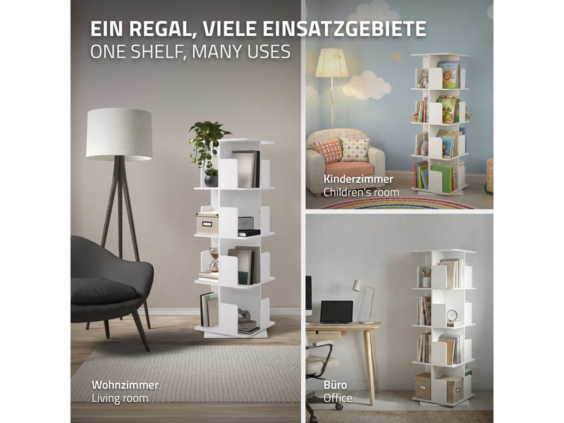 Ml-design bibliothèque tournante enfant 4 niveaux 16 compartiments blanc mat 40x124,5x40 cm étagère pivotante 360 degrés rangement livres et jouets pour salon bureau chambre bébé stable gain de place - Conforama C