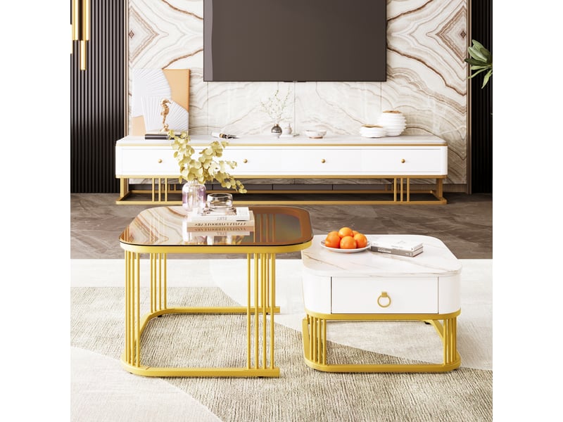  Tables basses gigognes avec tiroirs pour salon en mdf 60×60×44,5 et 50×50×34,5 cm blanc et or  - Conforama B