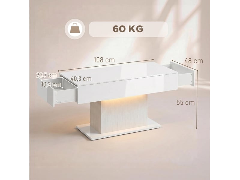  Table basse led avec rangement 108x48x55 cm, 2 tiroirs, télécommande, blanc brillant  - Conforama E