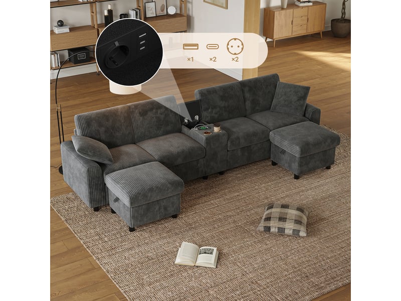  Canapé en u velours côtelé gris 4 places avec 2 poufs de rangement et ports usb  - Conforama E