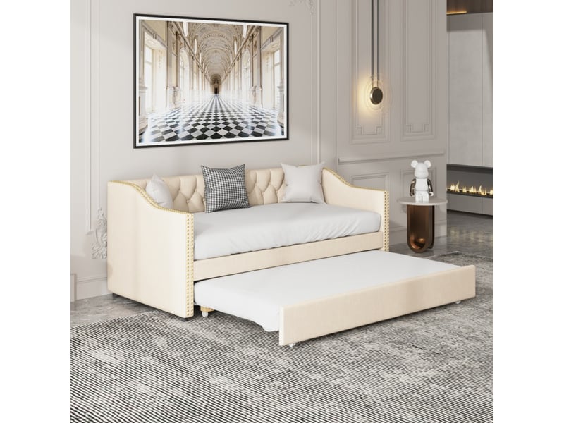  Lit de repos extensible 90 x 200 cm, canapé-lit avec lit gigogne, lit pour enfant (chambre ou salon), revêtement en tissu, sans matelas  - Conforama W