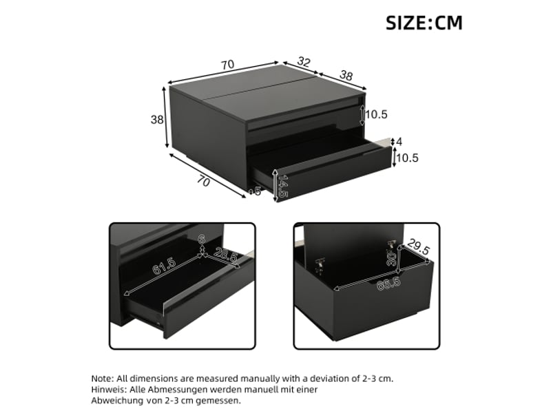 Table basse relevable led 70×70 cm, noir brillant, tiroir, rangement caché, portes rabattables, 38 cm - Conforama C