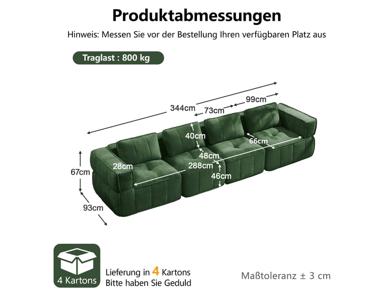  Canapé modulaire 4 places sans structure rigide avec mousse 32d et base antidérapante en polyester vert  - Conforama C