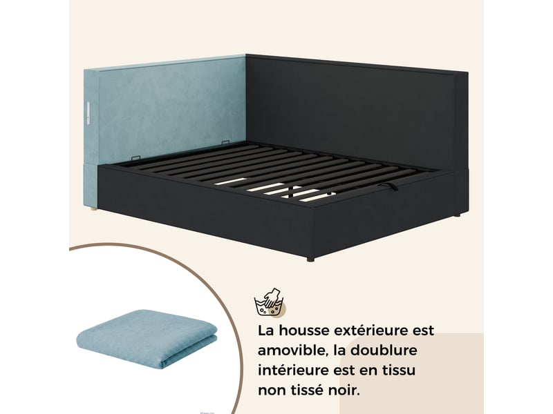  Lit banquette 90 x 200 cm avec led, usbusb-c et coffre hydraulique - lit simple rembourré avec sommier à lattes et tête de lit en velours bleu Fay Lum - Conforama W
