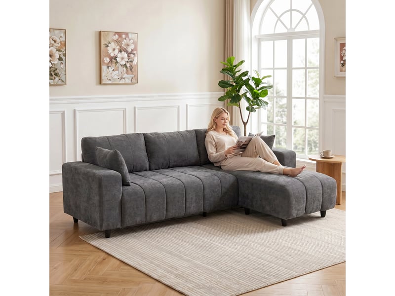 Canapé d'angle modulable 3 places en l 242 cm - méridienne réversible - tissu aspect lin gris T1003-01-19556 - Conforama E
