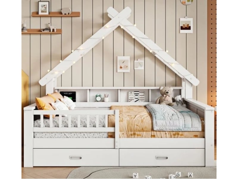  Lit enfant plateforme bois 140×200, forme maison, led, tiroirs, blanc  - Conforama B
