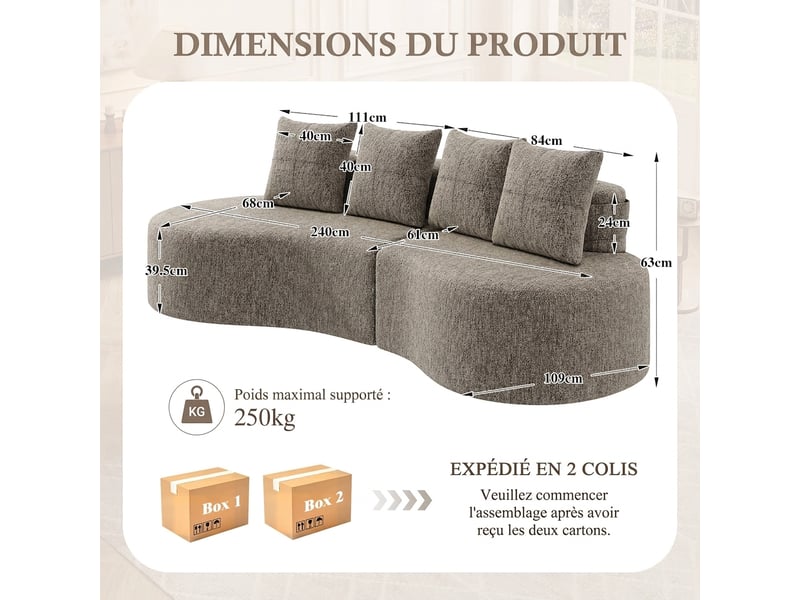  Canapé en lin 4 places kaki avec porte-gobelet et poches de rangement - mousse haute densité  - Conforama C