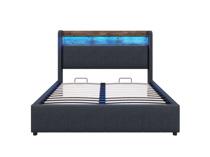  Lit rembourré 140 x 200 cm avec éclairage led et prise usb, tête de lit avec étagères et espace de rangement, mécanisme de levage hydraulique, lit double adulte, revêtement en lin gris  - Conforama D