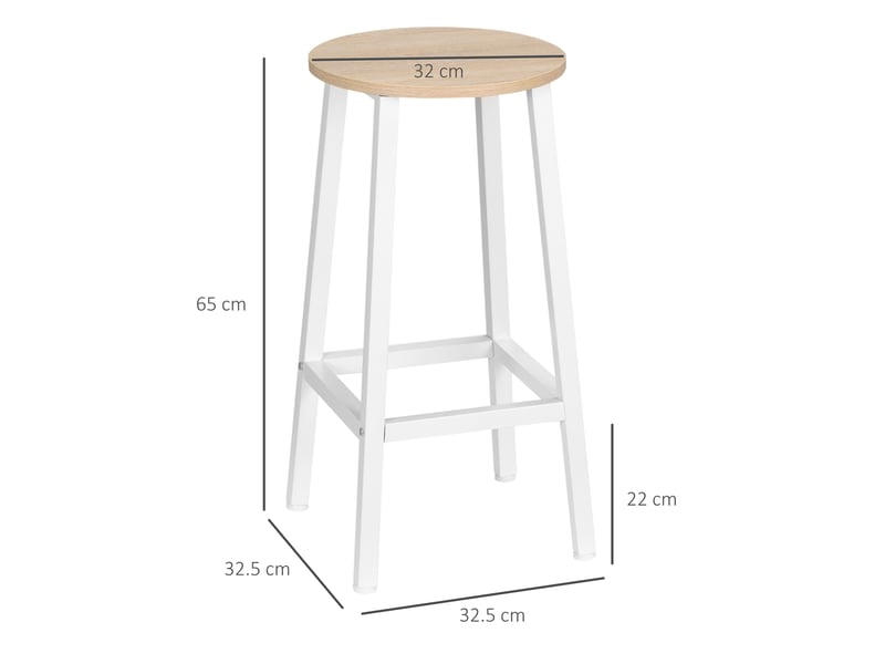  Lot de 2 tabourets de cuisine en aggloméré et acier, assise lisse et repose-pieds, 32,5 x 32,5 x 65 cm, blanc et bois  - Conforama E