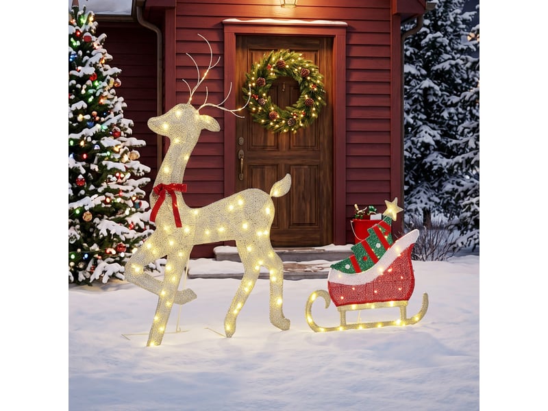  Renne et traîneau lumineux, décoration de noël extérieure, 95 led blanc chaud, 8 modes, minuterie quotidienne  - Conforama C