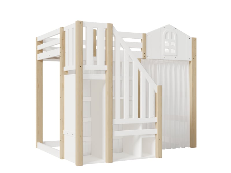  Lit mezzanine blanc et naturel 90 × 200 cm, led, échelle avec rangement et fenêtre  - Conforama D