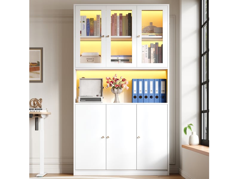 Bibliothèque avec vitrine en verre led 3 portes et niche ouverte pour salon bureau en mdf blanc - Conforama B