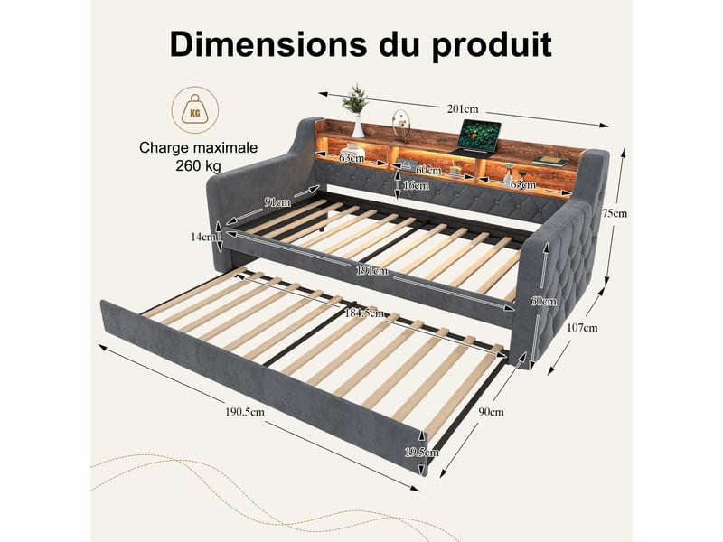  Lit gigogne capitonné 90x190 cm, lit extensible gris avec rangement et led  - Conforama C