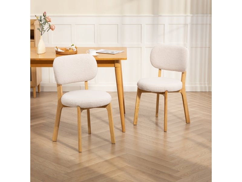  Chaises de salle à manger lot de 2, assise large et dossier incurvé en tissu bouclette crème  - Conforama D