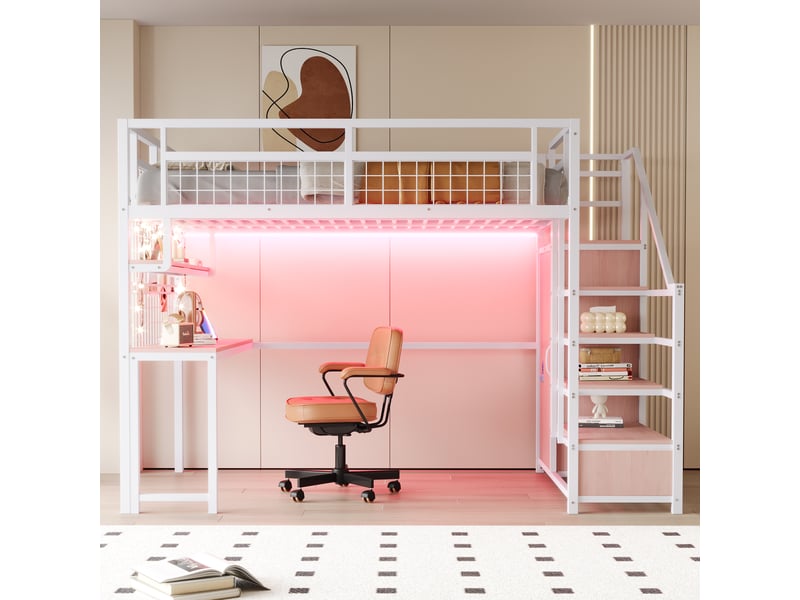  Lit mezzanine 140 x 200 cm, coloris blanc, structure métal, coffre, table, led et prises intégrées.  - Conforama E