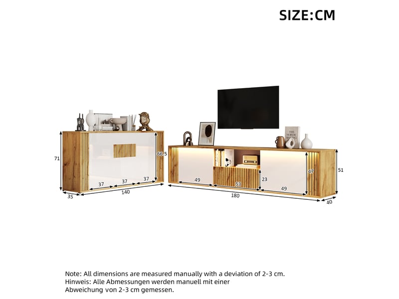  Ensemble meuble tv 180x40x51 cm et buffet 140x35x71 cm mdf blanc et bois naturel  - Conforama D