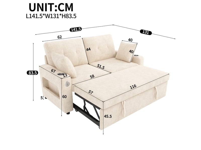  Canapé convertible 2 places, led usb-c avec porte-gobelets 141.5x131x83.5 cm beige  - Conforama C