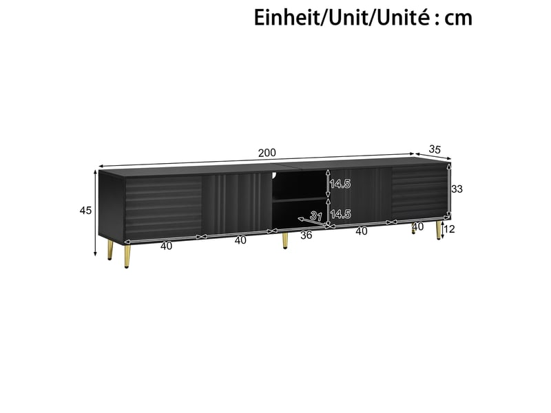  Meuble tv 200x35x45 cm portes de rangement métal et mdf meuble de rangement organisation gain de place moderne noir OPULERANE TRADING LTD - Conforama D