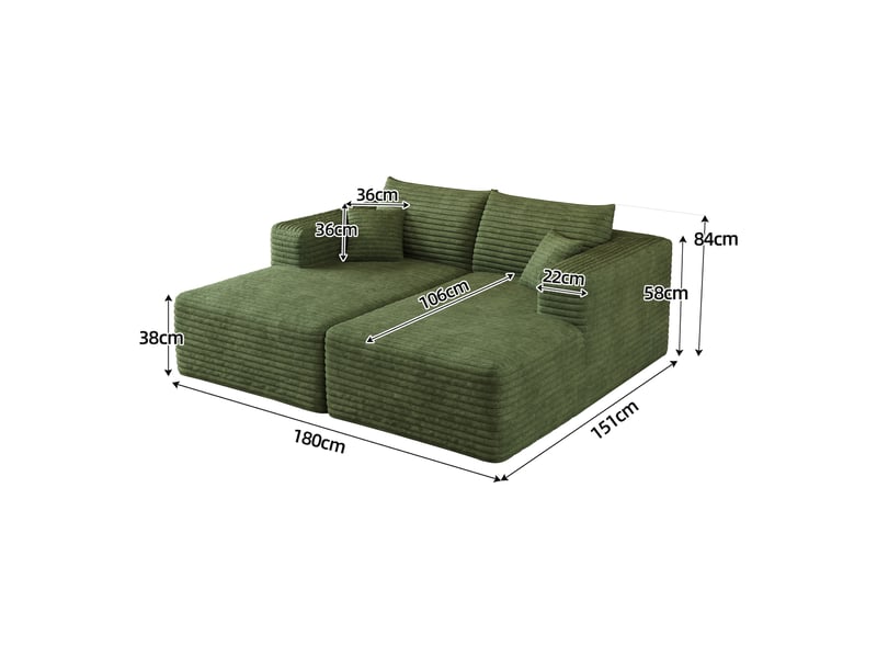  Canapé modulable convertible 2 places 180 x 151 x 58 cm, canapé-lit sans structure, assise en mousse, design minimaliste, velours côtelé, vert Bliss Lite - Conforama C