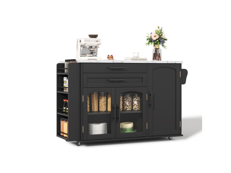 Îlot de cuisine sur roulettes avec plateau rabattable, desserte de rangement avec portes en verre et tiroirs, noir, 138x70x90 cm - Conforama A