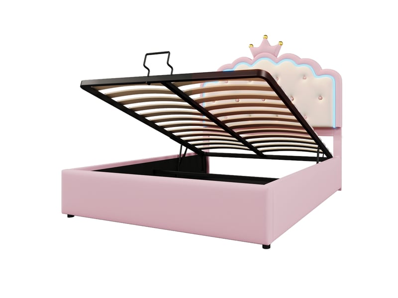  Lit enfant 140x200cm,lit coffre pour filles en pu avec lumière led,en forme de couronne,rose lit enfant rose - Conforama D
