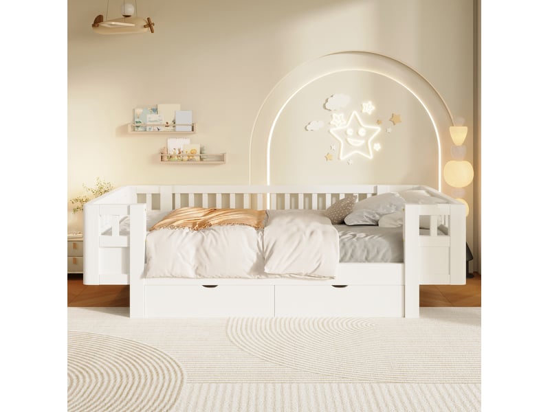  Lit plateforme enfant 90 x 200 cm blanc en mdf et pin, 2 tiroirs et barrière de protection haute  - Conforama B