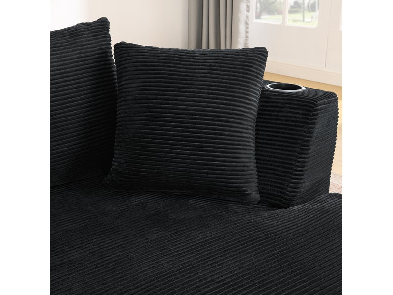 Canapé d'angle incurvé fixe 3 places en velours côtelé noir, méridienne à droite et porte-gobelets intégrés  - Conforama D