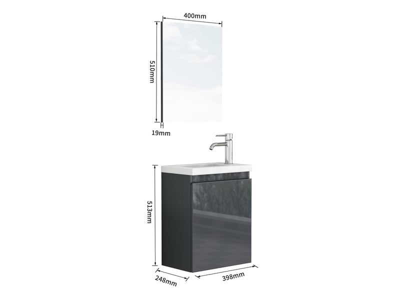  Meuble sous vasque mural avec miroir, vasque en céramique, porte sans poignées et fermeture amortie, salle de bains, 40 cm  - Conforama D