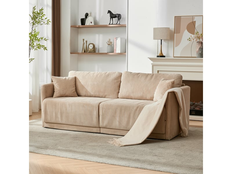 Canapé convertible avec couchage d’appoint - accoudoirs en bois, velours côtelé - beige - Conforama B