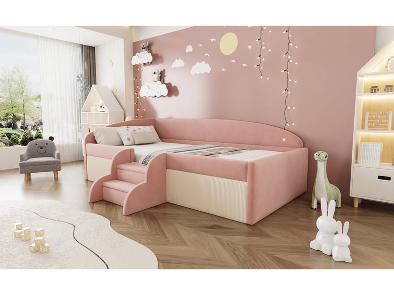  Canapé-lit rembourré 90x190 cm, lit multifonctionnel avec barrières de sécurité, rose + crème, lit 1 personne  - Conforama R