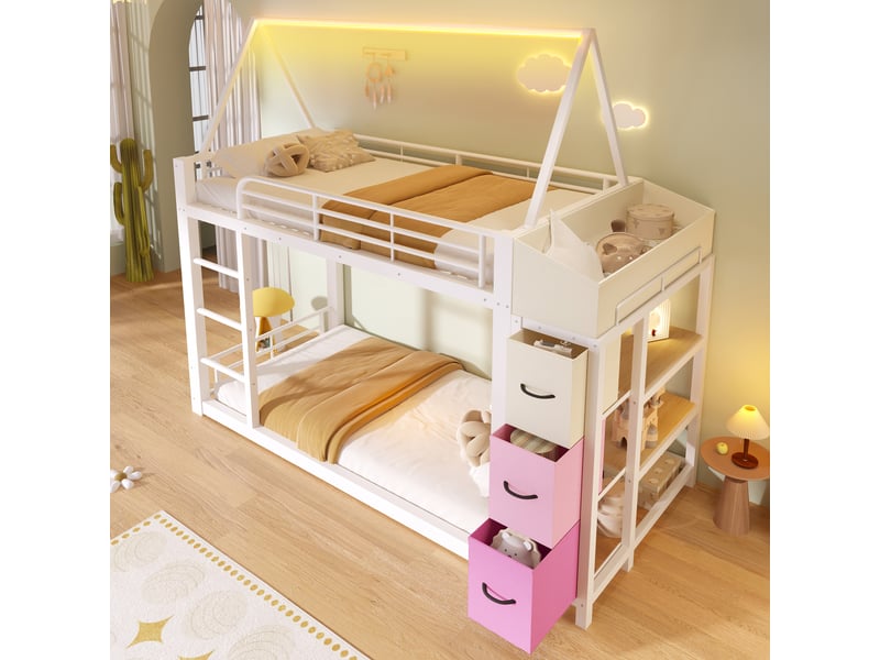  Lit superposé 90 x 200 cm avec étagères, 3 tiroirs en tissu et éclairage led, métal et mdf, blanc  - Conforama B