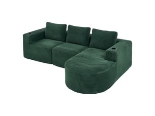 Canapé 2 places en velours côtelé vert rétro 265 cm - assise douce avec porte-gobelets et coussins