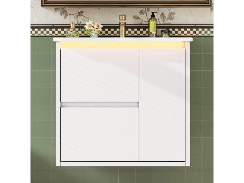  Meuble vasque mural blanc avec lavabo intégré, éclairage led à capteur et charnières amorties 61 cm  - Conforama B